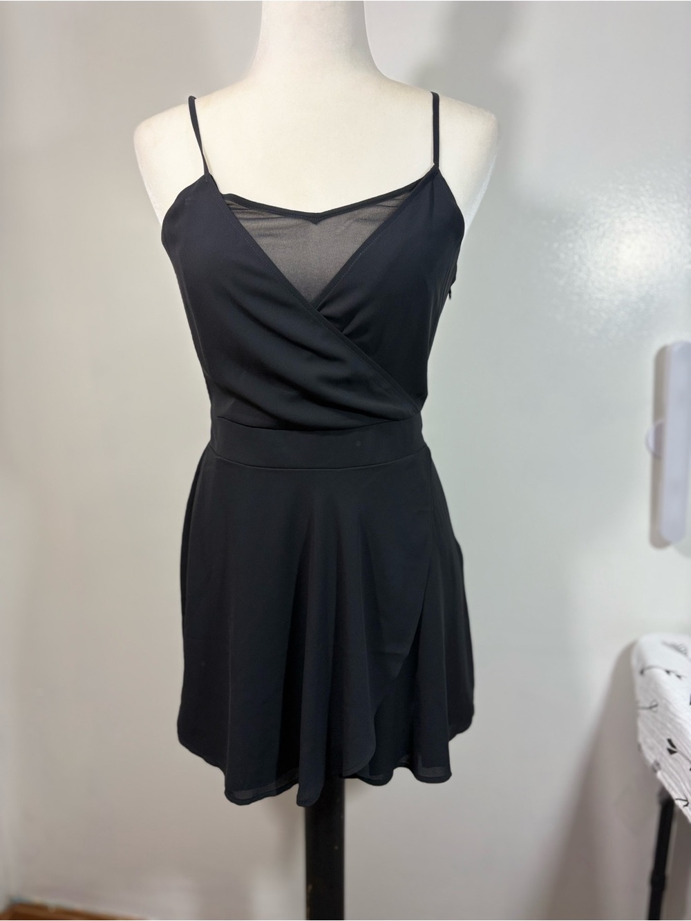 Express Black Chiffon Romper with Sheer Mesh V-Neck - Size 2